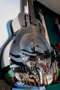 26476407 - electric guitars on display in a music shop