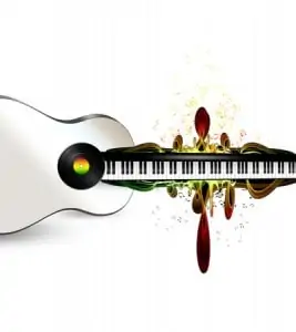 34629529 - abstract musical background with piano keys, guitar silhouette and notes